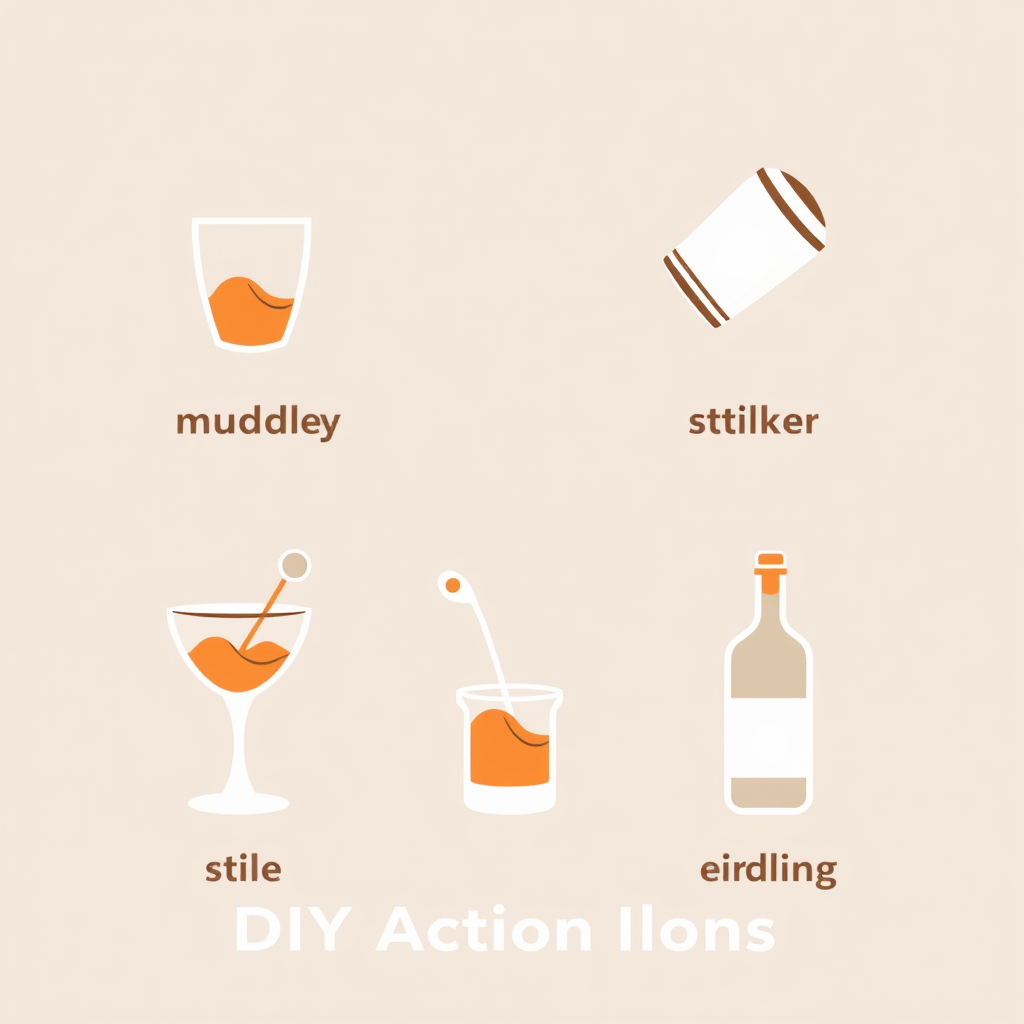Sub Design Idea 3: DIY Action Icons - Design icons that illustrate key actions in DIY beverage making: an icon for 'muddling' (muddler crushing ingredients), 'shaking' (a cocktail shaker in motion), 'stirring' (a bar spoon swirling in a glass), 'pouring' (liquid from a bottle), and 'garnishing' (adding a final touch).