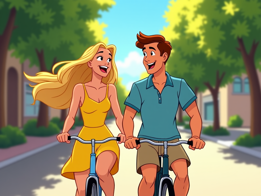 A cartoon couple enjoying a sunny bike ride along a tree-lined avenue, with the breeze blowing through their hair and bell ringing cheerfully.