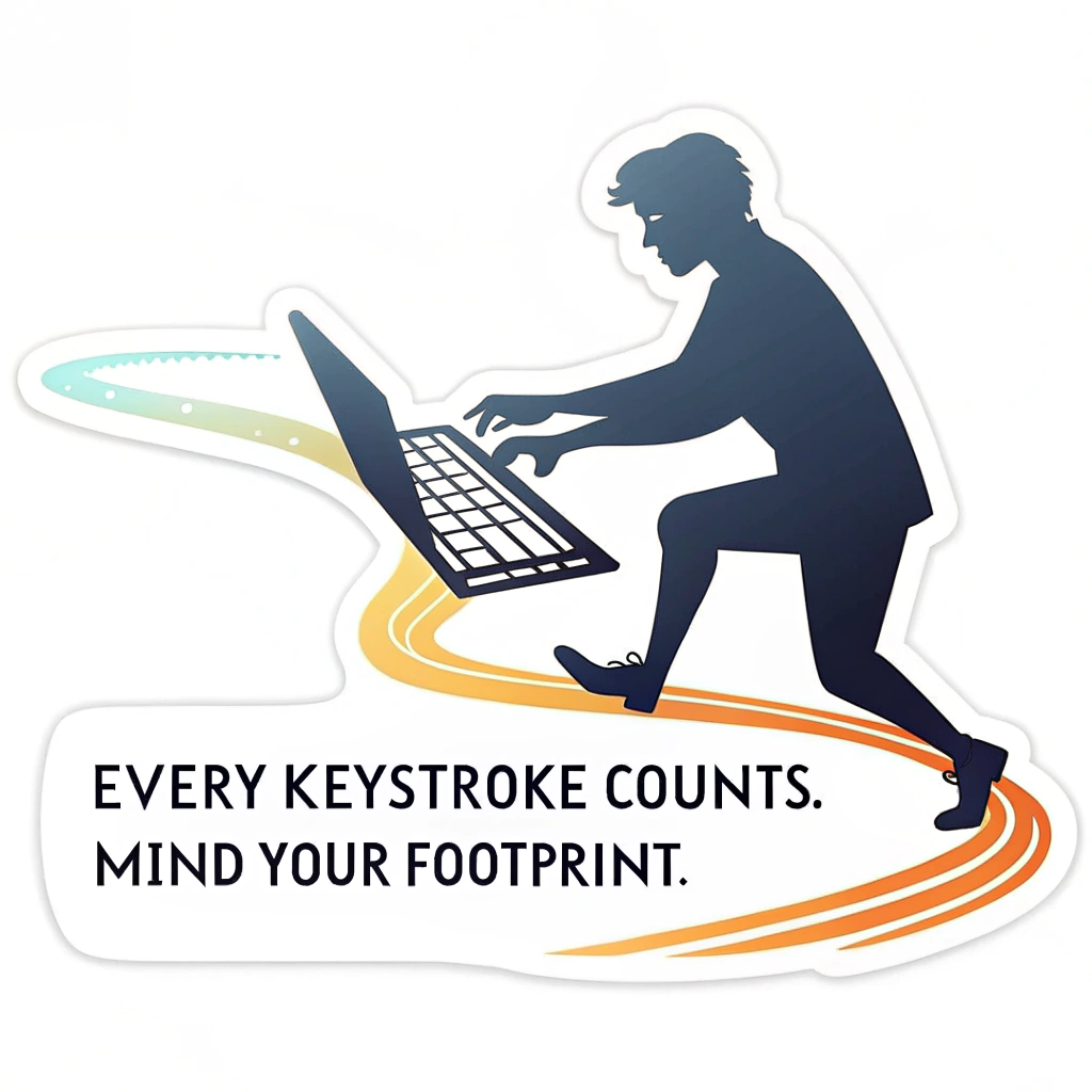A silhouette of a person typing on a keyboard, with a visible, permanent trail (like a glowing line) leading from the keyboard into the distance. Caption: 'Every Keystroke Counts. Mind Your Footprint.'