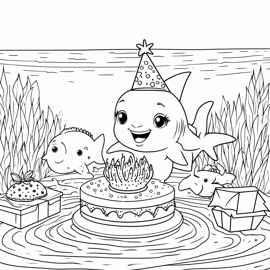 Festive baby shark wearing a small party hat, celebrating its birthday with a cake-shaped coral and sea friends bringing gifts.