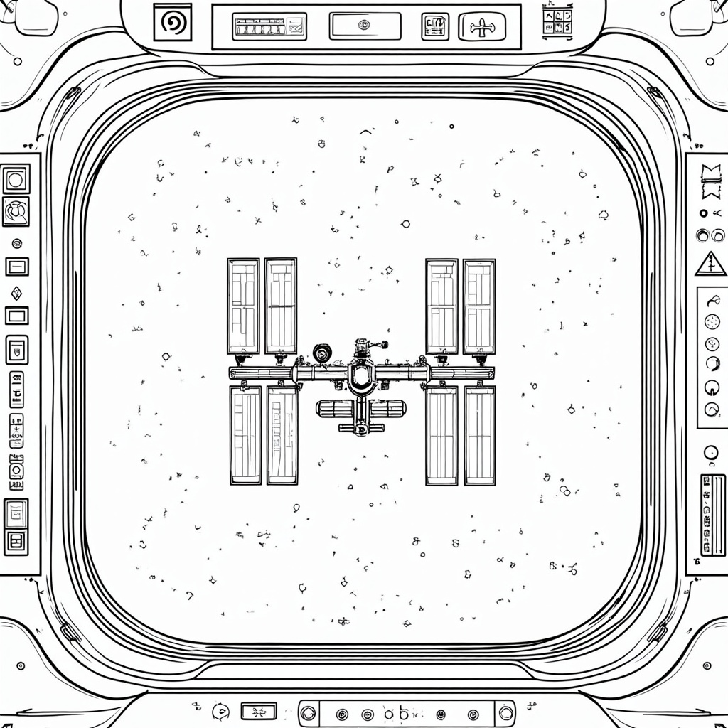 Coloring Page: The ISS seen from the perspective of the Starliner's window/viewport, filling most of the view, indicating proximity. Include some simple instrument panels around the viewport border inside the Starliner.