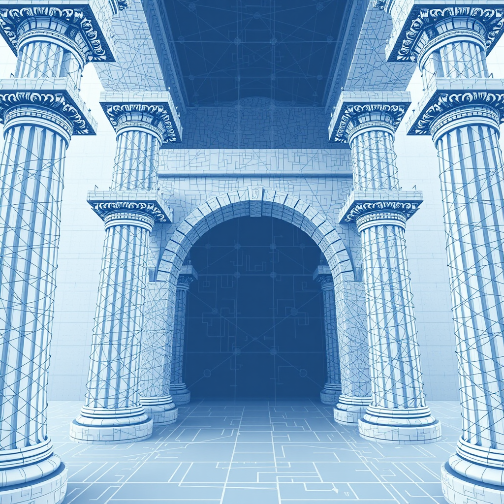 Neural Network Foundation: Architectural elements (pillars, arches, blueprint grid) are visibly interwoven with neural network patterns or nodes, illustrating AI as an intrinsic, load-bearing component of the structure.