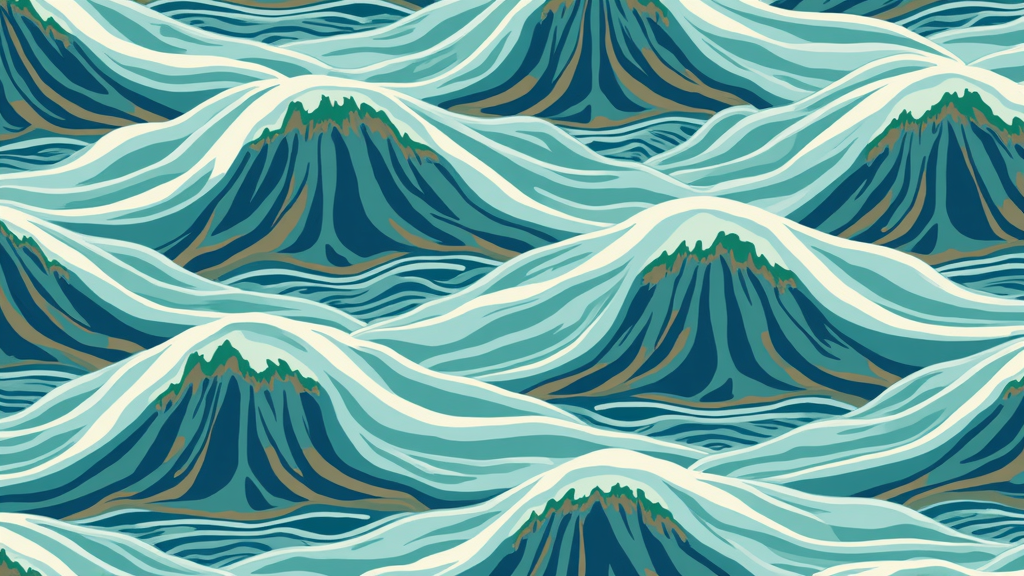 T-shirt design featuring an abstract pattern of swirling ocean currents and stylized topographic landforms, using a palette of deep blues, teals, earthy browns, and forest greens.