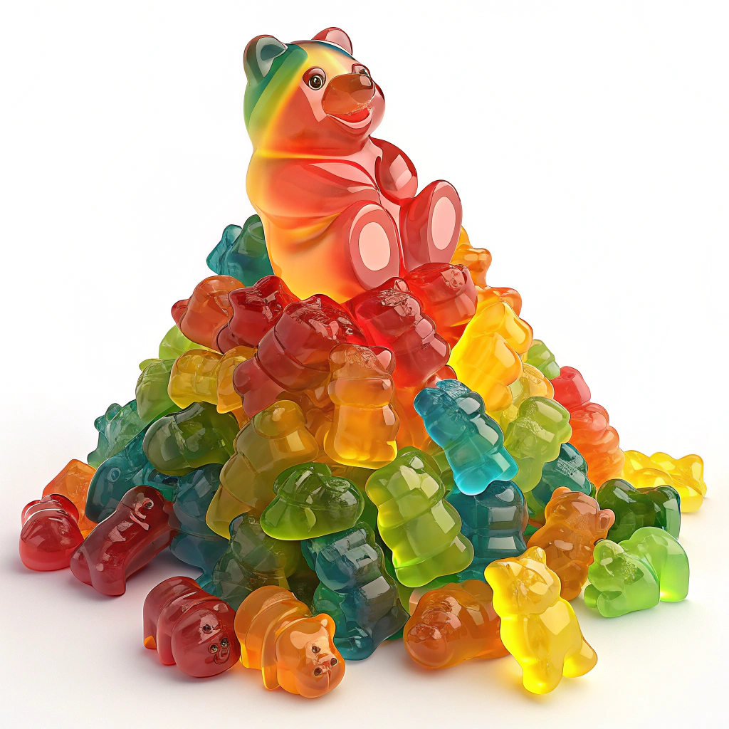 Rainbow Gummy Mountain Sticker: A sticker depicting a large, vibrant pile of gummy bears in a full spectrum of rainbow colors. Emphasize a glossy, slightly translucent effect, with some bears at the base appearing gently squished under the weight.