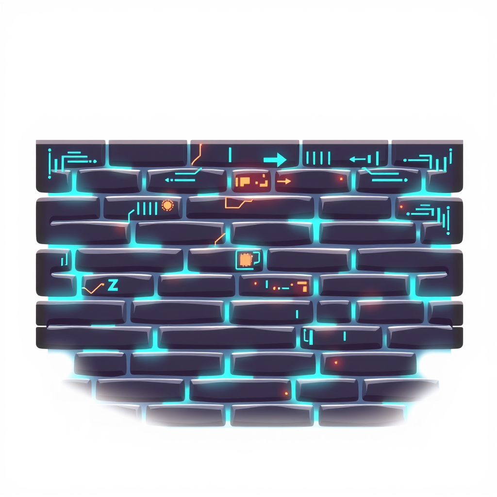 A stylized brick wall segment with glowing digital circuit patterns integrated directly onto the bricks, symbolizing a robust, technologically advanced barrier.