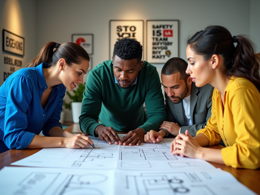 Illustration of diverse workers collaborating around a table or whiteboard, actively pointing out risks on a diagram or blueprint. Emphasizes teamwork in hazard identification and risk assessment. Slogan: 'Safety is a Team Effort: Identify & Assess Together'.