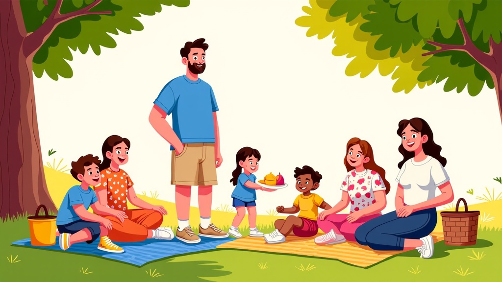  a family of six sitting on a blue blanket in a park. There are six children and a man standing in front of them, all of them smiling and enjoying a picnic. The man is wearing a blue t-shirt and khaki shorts and has a beard. The children are of different ages and ethnicities, and they are sitting on the blanket under a tree with green leaves. There is a basket of fruit on the right side of the image. The background is a grassy field with trees and bushes. The overall mood of the scene is happy and relaxed.