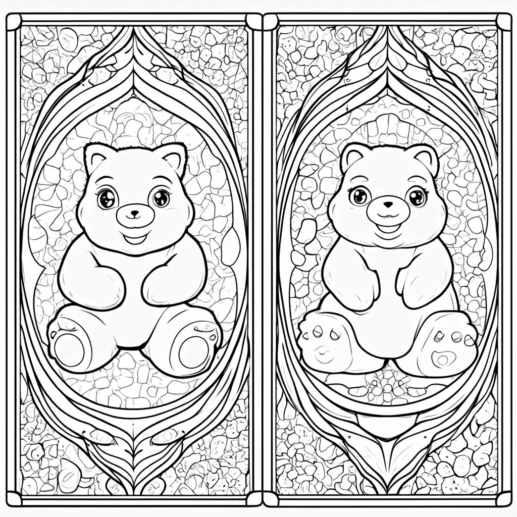 Intricate 'stained glass' style pages where gummy bears of various sizes form the main subjects within panels, delineated by thick black lines, and surrounded by smaller, detailed patterns resembling glass fragments.