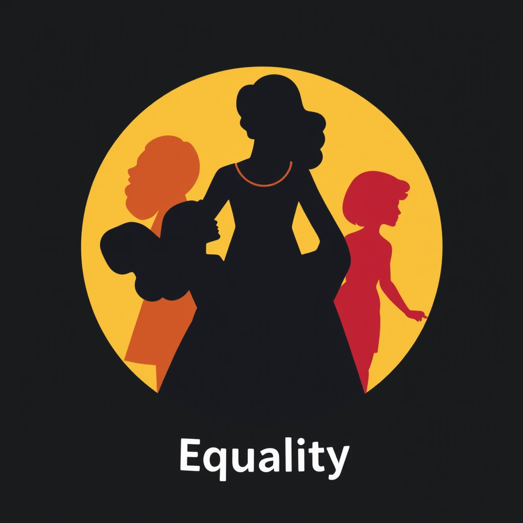 Stylized silhouette of diverse women holding hands in a circle, with the text 'Equality' below.