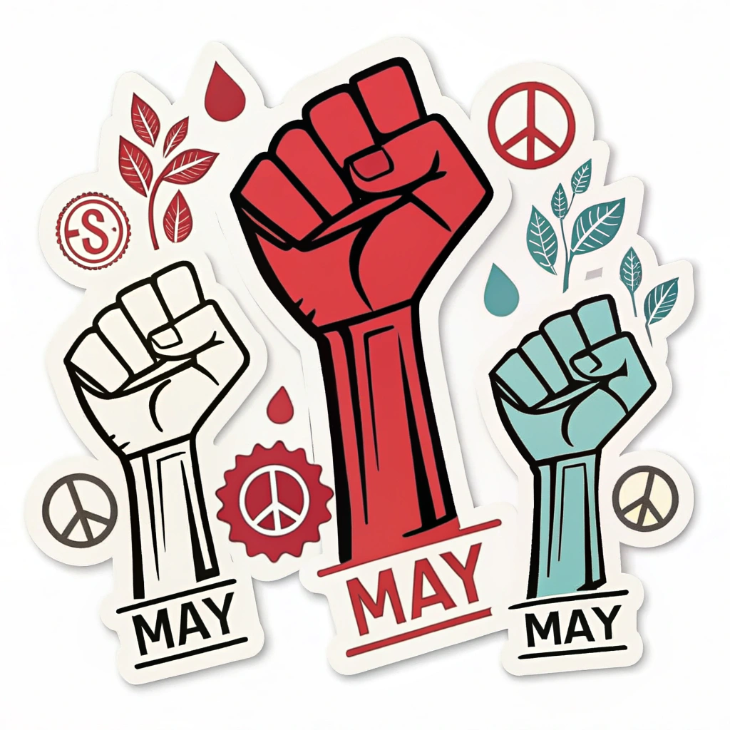 English Translation: The user's request 'May Day Protest Stickers - Empowerment Fists & Protest Symbols' is already in English.