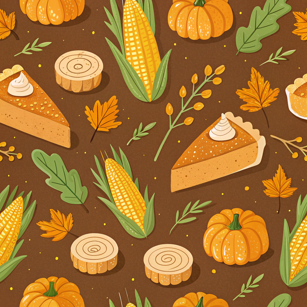 Vibrant pattern with various Thanksgiving elements like slices of pumpkin pie, corn stalks, and miniature hay bales. The elements are arranged sporadically against a warm brown background, emphasizing the cozy and harvest-filled vibe perfect for Thanksgiving celebrations.