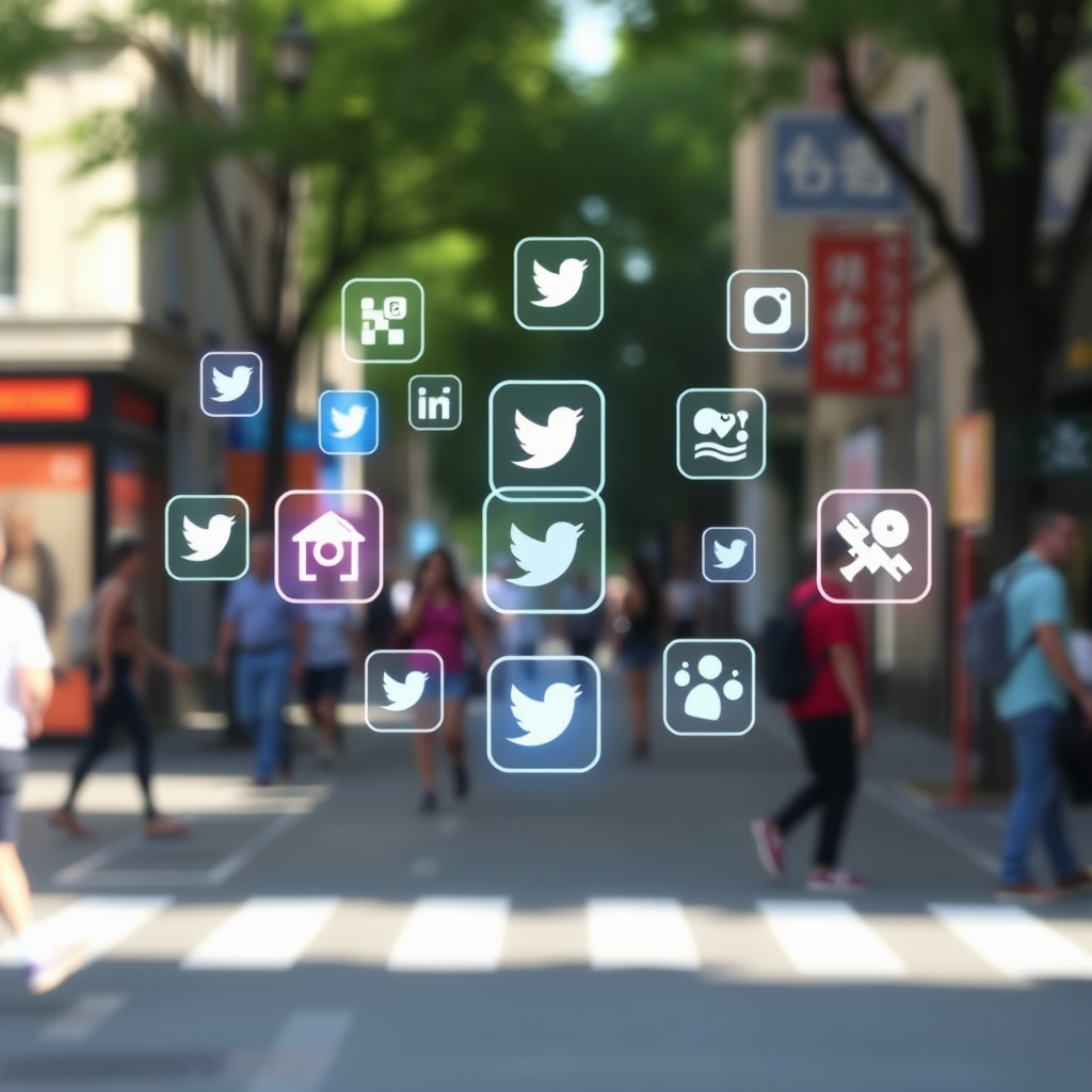 Ambient Social Activity Indicators: AR icons subtly materialize in the user's environment, their visual intensity or animation style dynamically reflecting real-time social media trends, mentions, or sentiment relevant to the current context or nearby points of interest.