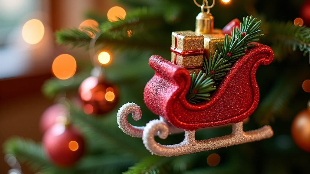 A beautifully detailed Christmas ornament shaped like a tiny, glittering sleigh filled with miniature gifts and pine branches. The ornament hangs gracefully on a decorated tree, catching the twinkling light and adding a shimmering touch to the festive decor. It symbolizes the excitement and giving spirit of the season.