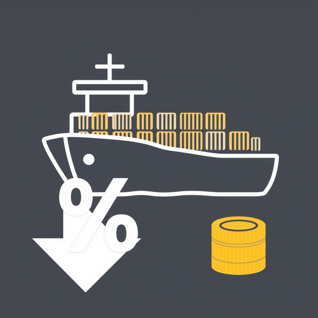 Pictogram of a cargo ship or container with an arrow pointing downwards towards it, superimposed with a '%' symbol or a small stack of coins, symbolizing taxed imports.
