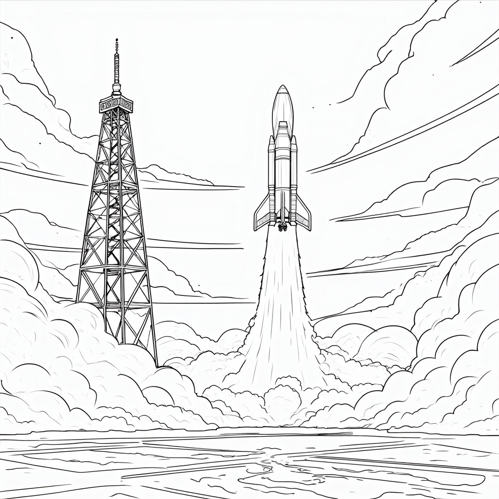 Sub-design Idea 2: Illustrate the Starliner rocket just as it clears the launch tower. The tower's intricate structure can contrast with the sleek rocket body, with the fiery ascent trail beginning prominently.