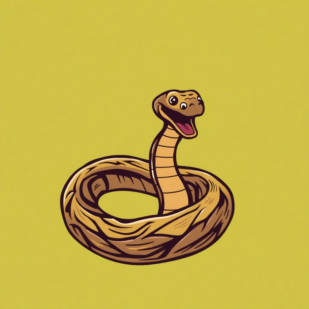 The image is a cartoon illustration of a snake coiled up in a nest. The snake is facing towards the right side of the image and its mouth is open, as if it is roaring or roaring. The nest is made of a light brown material and appears to be made of twigs or branches. The background is a solid yellow color. The illustration is simple and cartoon-like.