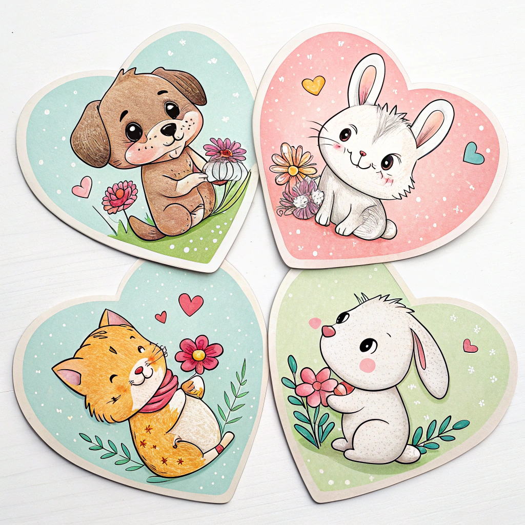 Heart-shaped stickers with cute animal illustrations