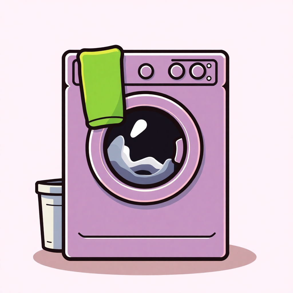 The image shows a pink washing machine with a green towel on top of it and a dustbin beside it.