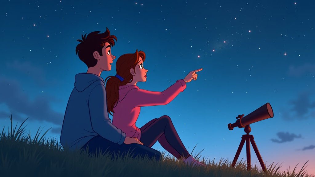 A cartoon couple sitting under a starlit sky, pointing at constellations, with a small telescope set up beside them.