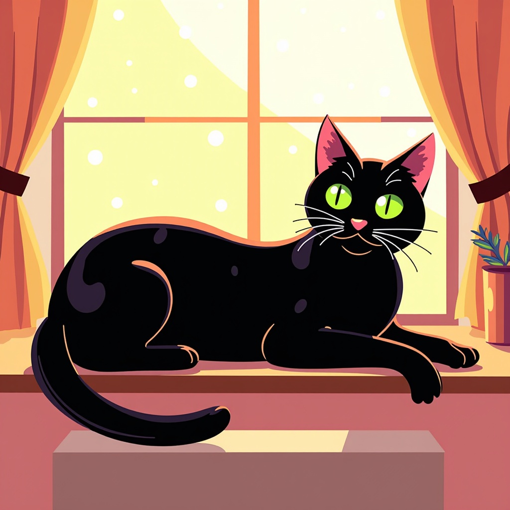 The image is an illustration of a black cat sitting on a window sill. The cat is lying on its side with its body stretched out in front of it. It has green eyes and pink ears. The window is covered with orange curtains and there is a small potted plant on the windowsill next to the cat. The background is a pink wall with white polka dots. The overall color scheme of the image is bright and cheerful.