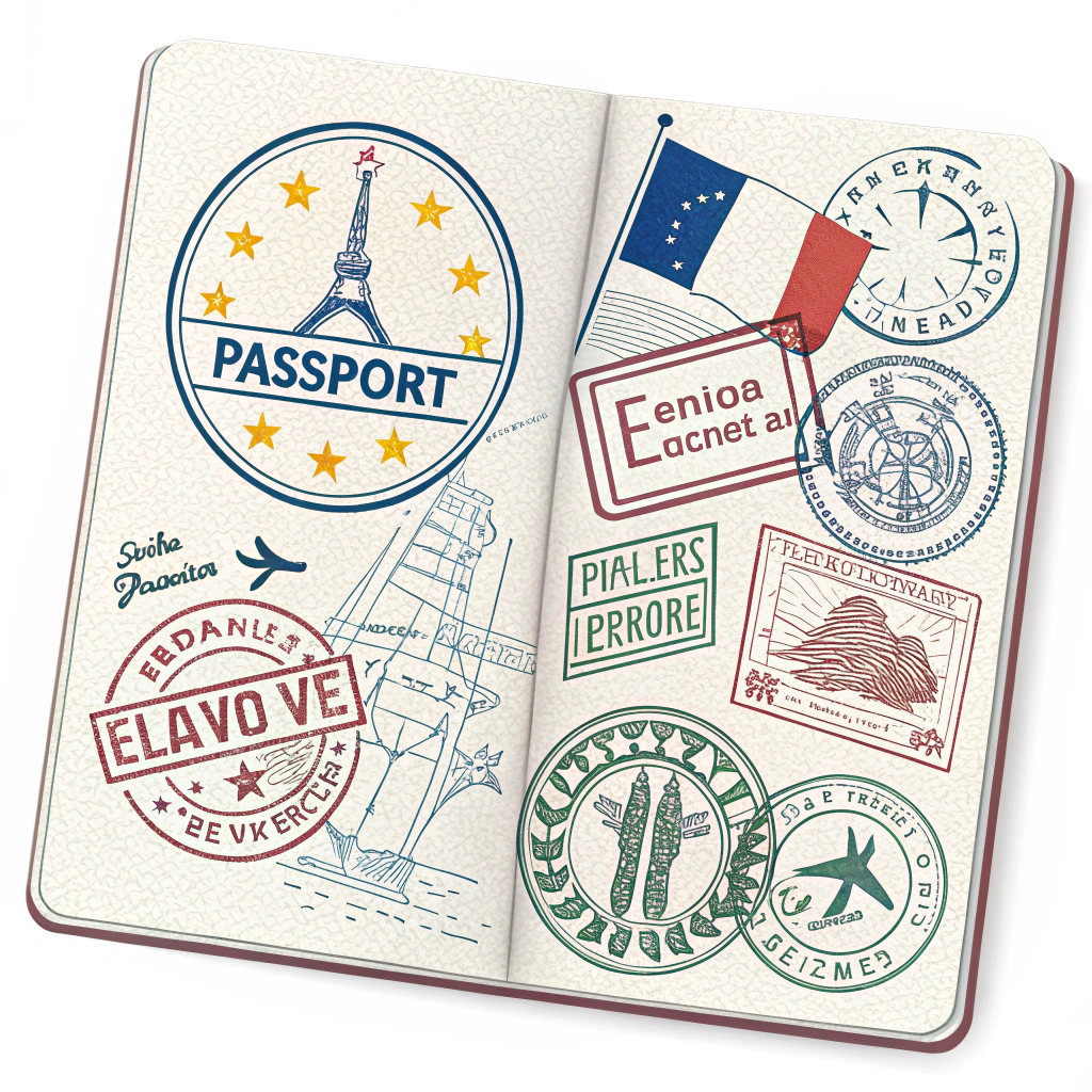 Design the sticker with an image of a passport stamped with various European countries' visa stamps.