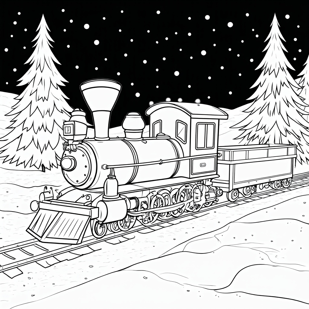 The image shows a black and white sketch of a train on a railway track surrounded by trees and snow, with a dark background.