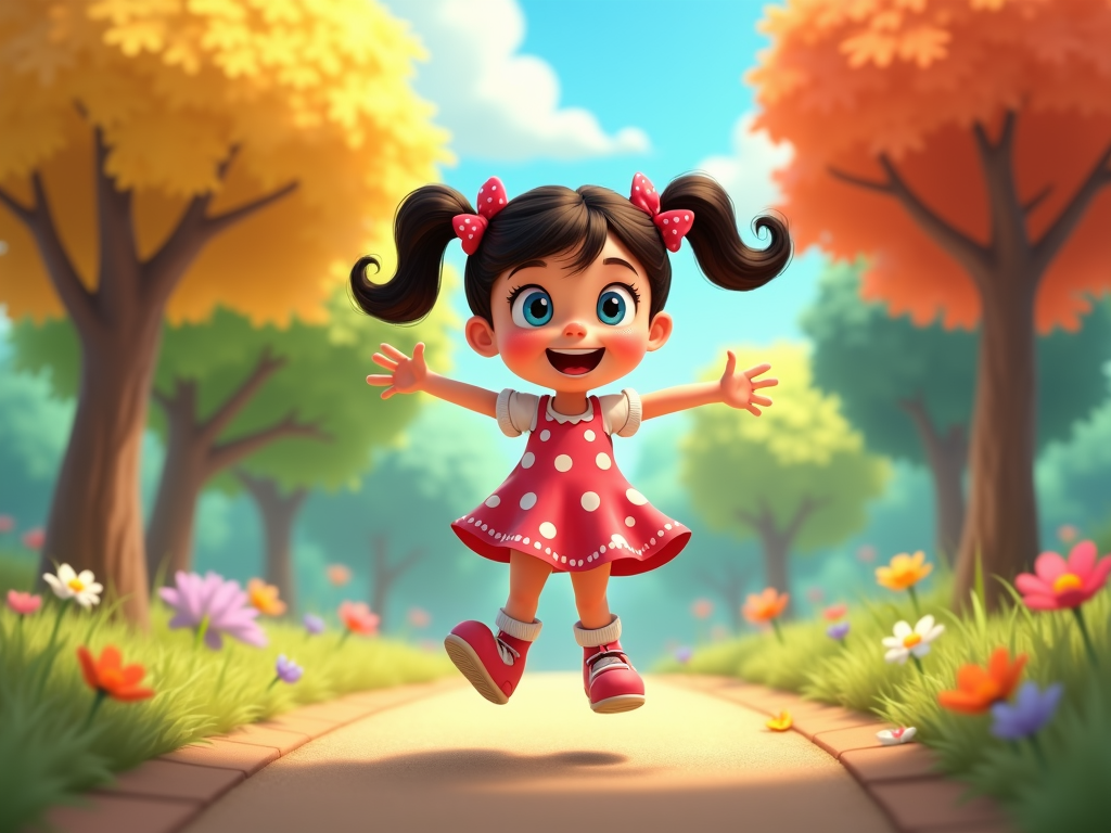 The image is a digital illustration of a little girl in a park. She is wearing a red dress with white polka dots and red shoes. She has two pink bows in her hair and is standing on a brick pathway with her arms stretched out to the sides. The background is filled with trees with orange and yellow leaves, and there are colorful flowers scattered throughout the park. The sky is blue with white clouds. The girl has a big smile on her face and appears to be happy and carefree.