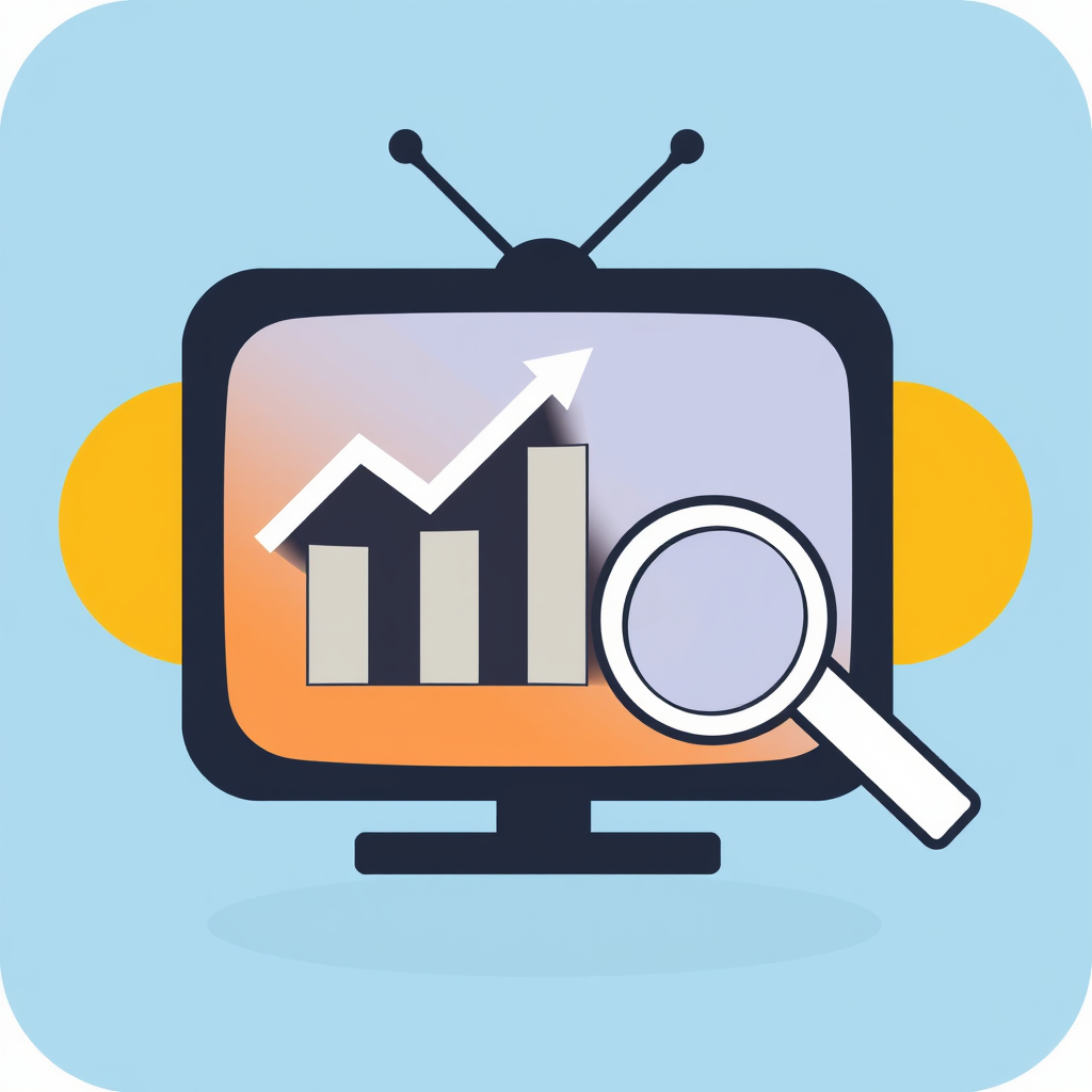 An icon depicting a television screen displaying an upward-trending graph or a minimalist magnifying glass element, signifying AI-driven insights and content analysis.