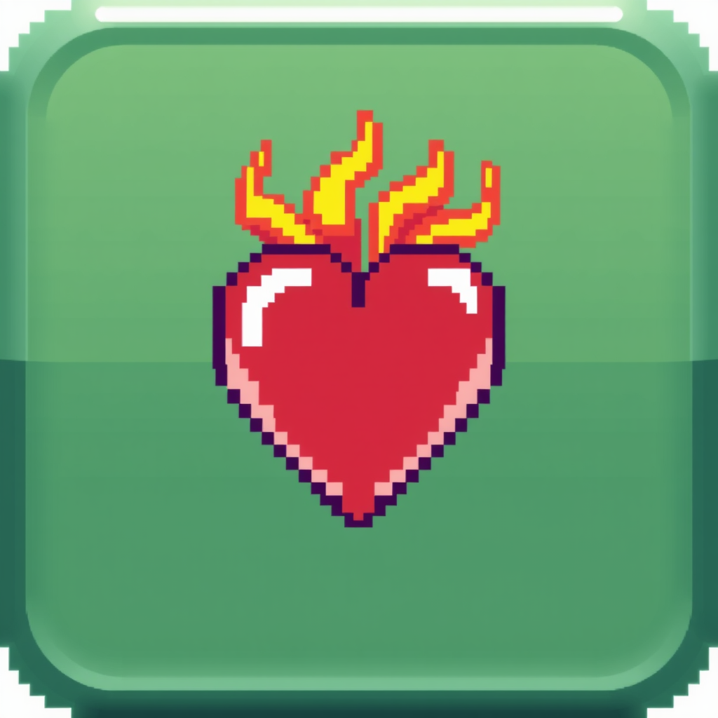 Pixel art heart with animated flickering flames, for a retro or game-related context.