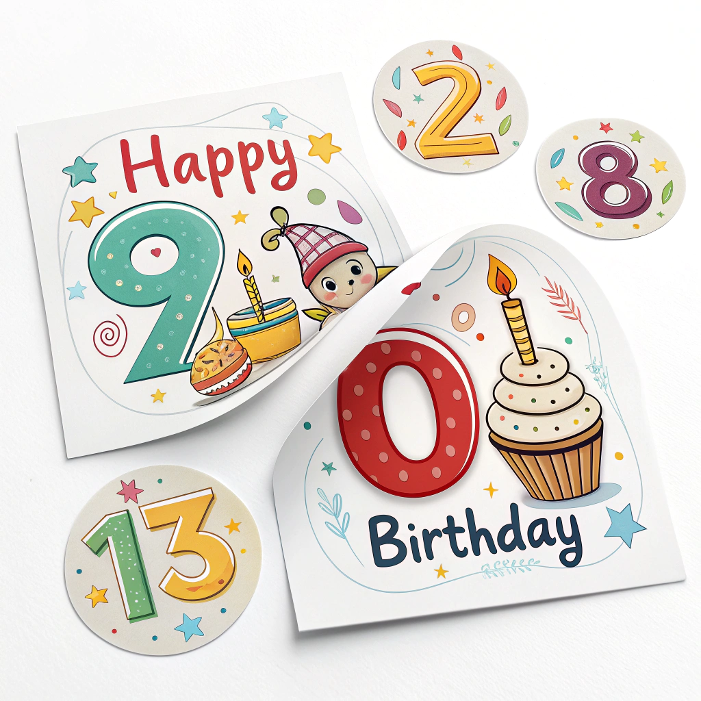 A sticker set with multiple small stickers: 'Happy,' 'Birthday,' and number stickers to allow customization of the age.