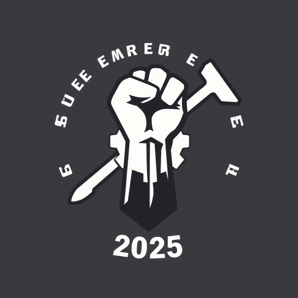 A powerful logo where a classic labor movement symbol (e.g., a raised fist, a gear, or a hammer/wrench) is creatively fused with a strong, forward-pointing arrow. This signifies breaking old barriers and advancing labor rights with the '2025' date mark.