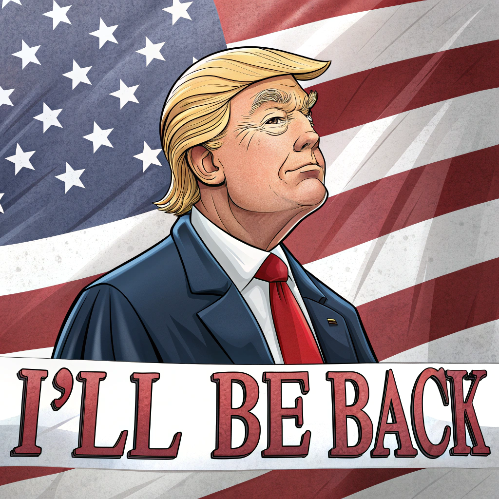 A sticker featuring a caricature of Donald Trump with a determined expression, standing against a backdrop of the American flag, with the text 'I'll Be Back' in a bold, stylized font.