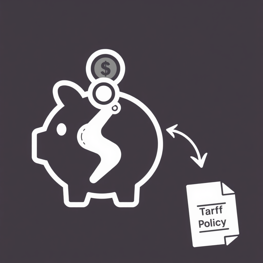 A piggy bank or wallet icon with coins visibly decreasing or an arrow pointing out. Next to it, a document icon labeled 'Tariff Policy' with an arrow linking it to the diminishing savings, symbolizing the negative impact on consumer finances.