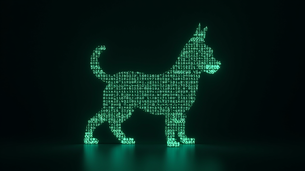 Binary Love Cyberpet: A cyberpet silhouette formed entirely from strings of binary code (0s and 1s) that glow in neon green or cyan against a dark background. Subtle glitch effects ripple through the binary code. A small, pixelated heart icon could be integrated within the code stream.