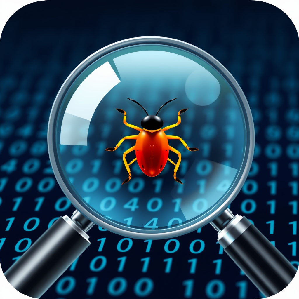 A magnifying glass with subtle scanning lines passing through its lens, hovering over a field of data bits (e.g., 0s and 1s), with a distinct 'bug' (corrupted bit or different symbol) clearly enlarged and identified.