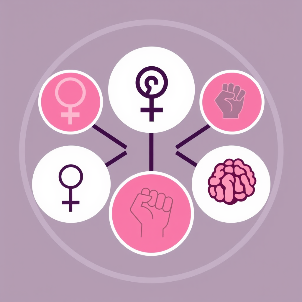 A series of interconnected circles, each containing a different female-related symbol (e.g., Venus symbol, fist, brain), signifying various aspects of women's empowerment.