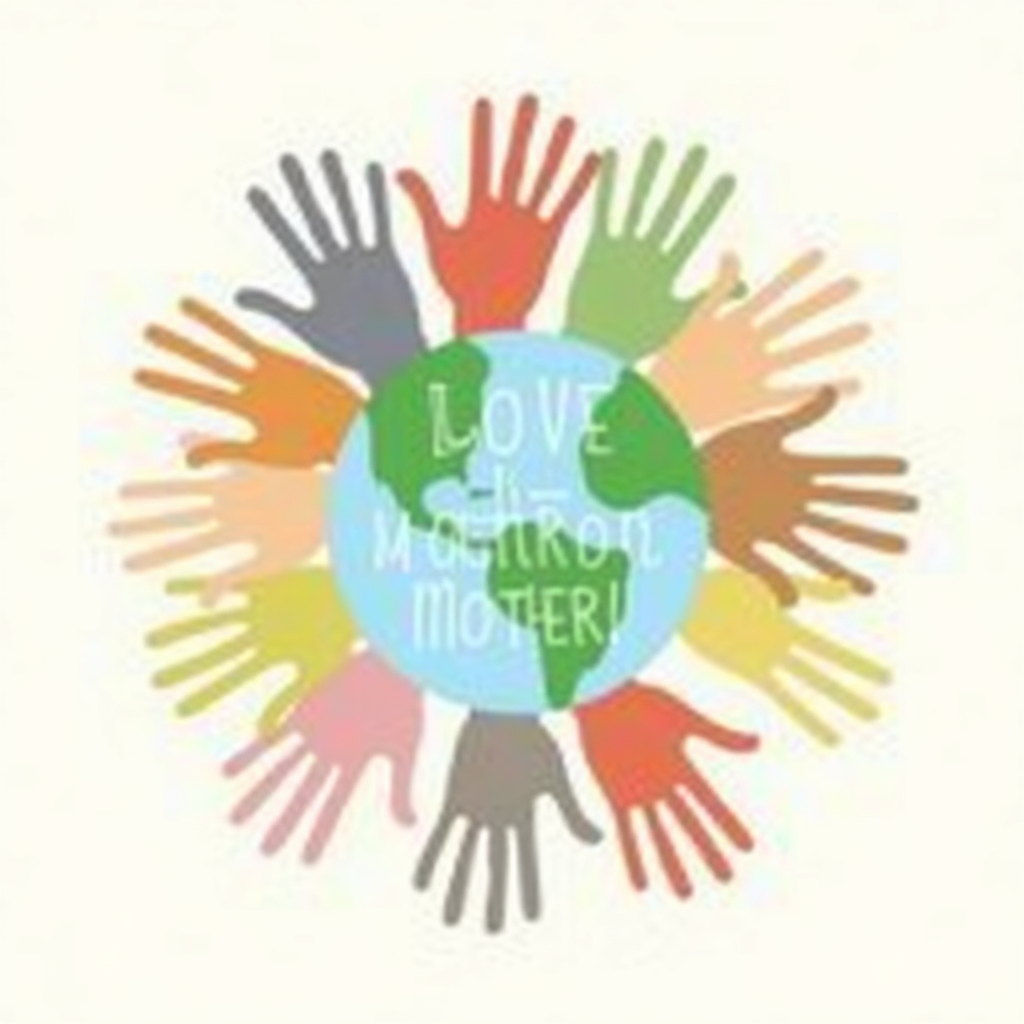 Diverse human handprints (various sizes/tones) forming a circle around or imprinted on a stylized Earth. 'Love Your Mother' below in a friendly, clear typeface, emphasizing collective care.