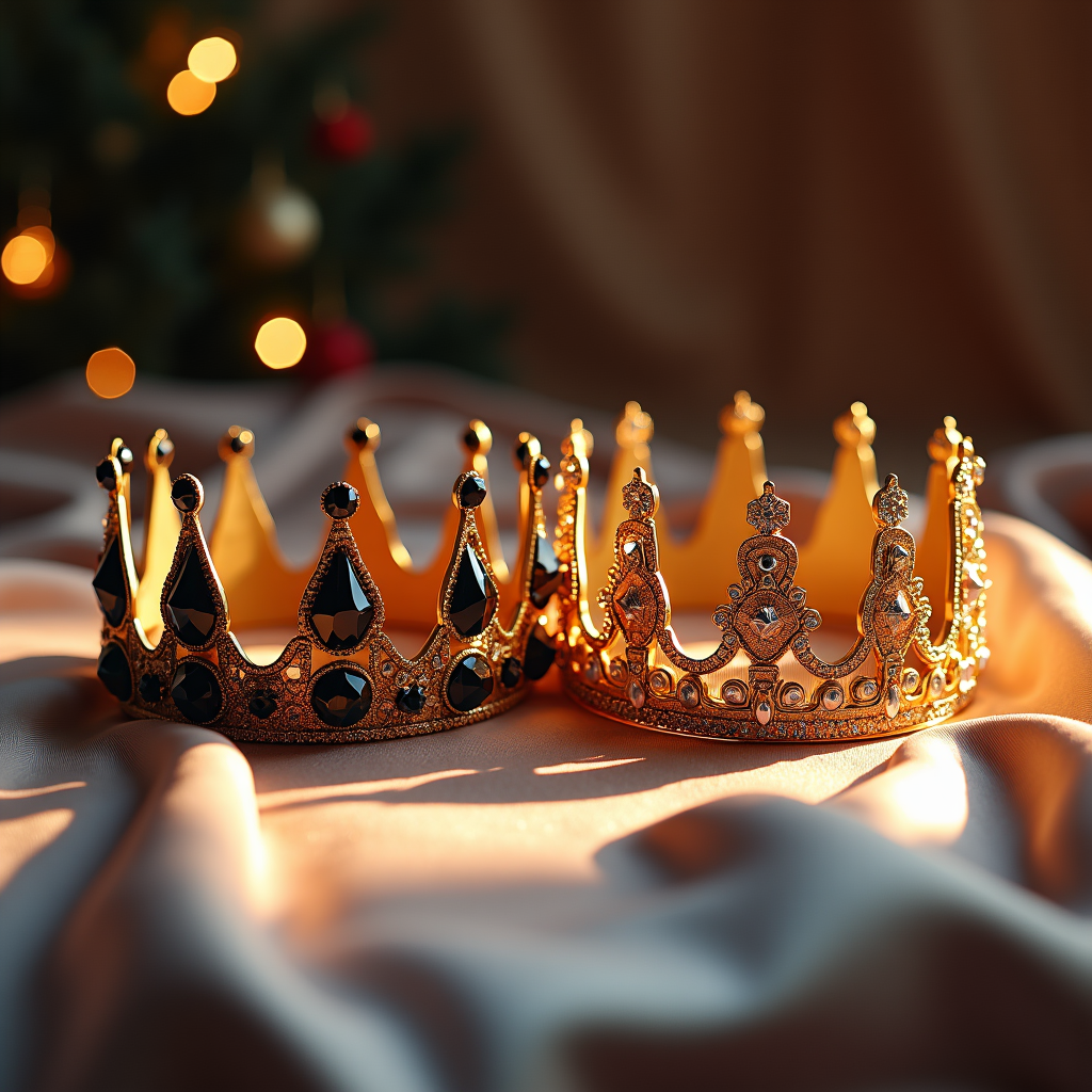 A pair of crowns, his and hers, glistening side by side on a silk fabric, as symbols of partnership and unity.