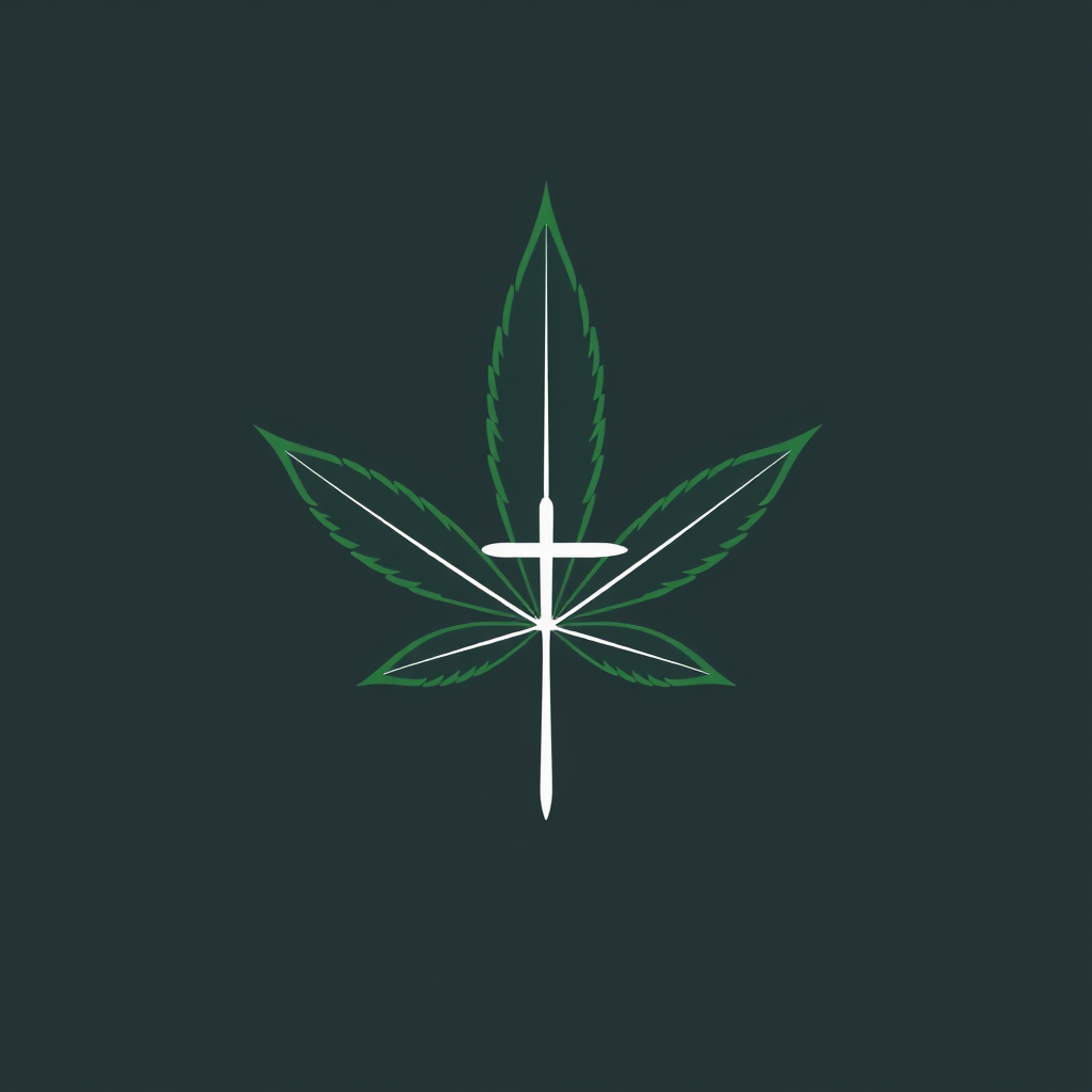 Sub Design Idea 1: A minimalist marijuana leaf where the central leaflet or stem forms the vertical arm of a medical cross, with a simple horizontal line completing the cross.