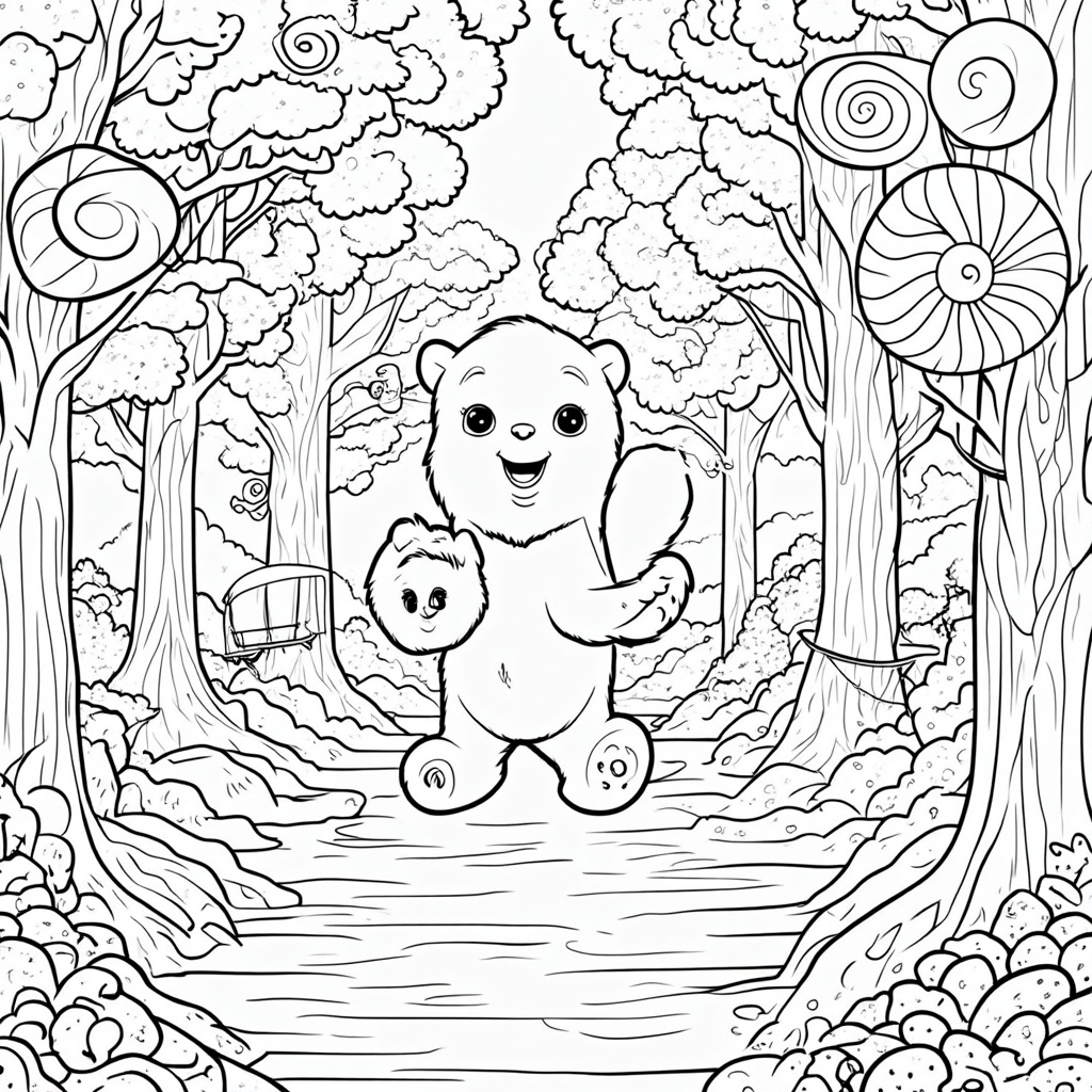Gummy Bears exploring a 'Lollipop Woods' with giant, colorful lollipops as trees, rock candy clearings, and licorice vine swings.