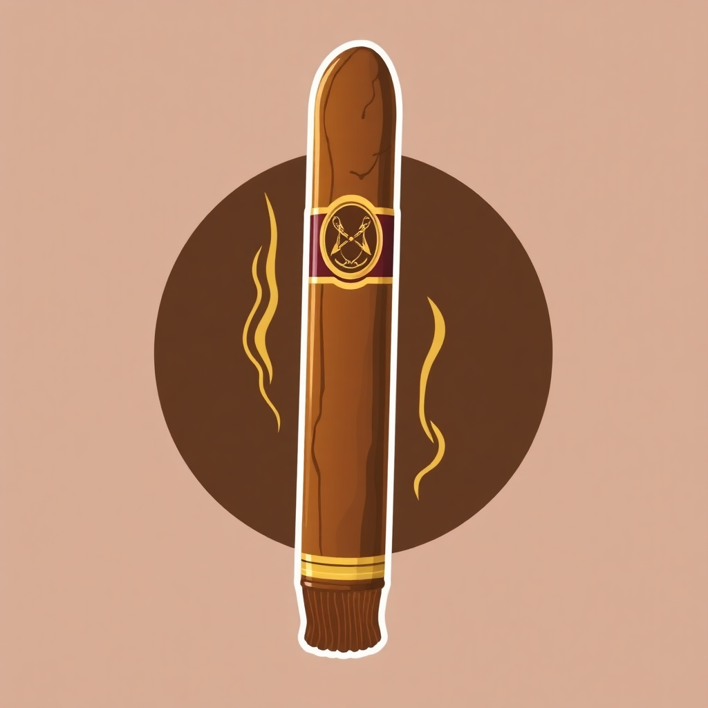 The image is an illustration of a cigar. The cigar is in the center of the image, with a brown circle surrounding it. On the top of the cigar, there is a gold emblem with a cross in the middle. The emblem is surrounded by a wavy pattern of smoke. The background is a light peach color. The overall design is simple and minimalistic.