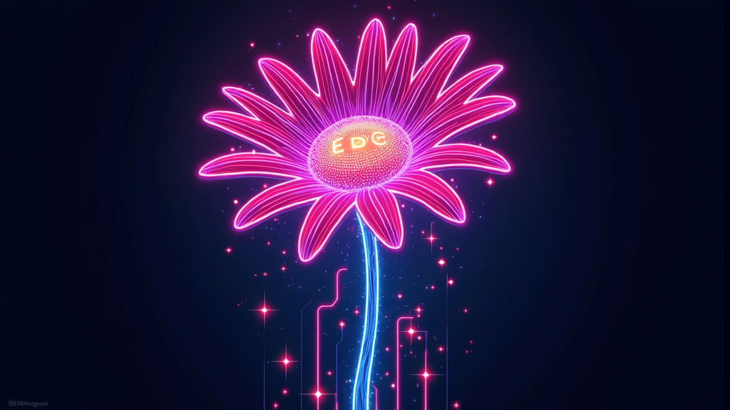 Daisy in a Neon Circuit: A neon daisy graphic where the stem and petals are depicted as glowing circuit pathways or fiber optic cables, connecting to a central 'power source' at the flower's heart. Small sparks or light pulses could travel along these circuits. 'EDC' could be designed as a circuit board component.