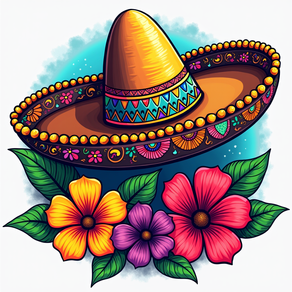 Stylized Sombrero or Guitar with Papel Picado & Floral Accents: A central graphic of a stylized sombrero or acoustic guitar, where the main body or decorative bands are embellished with intricate Papel Picado patterns, and adorned with bright fiesta flowers as accents.