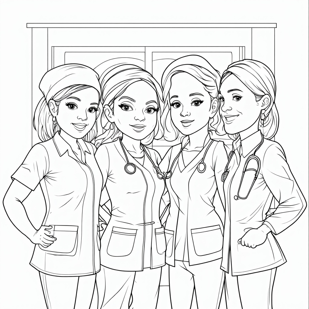 Team Huddle: A coloring page design featuring a diverse group of three to five nurses (varied ethnicities, genders, ages) in a close, supportive huddle, all smiling warmly. Some could be holding clipboards or have stethoscopes. The background could be a simple, cheerful pattern or a subtle outline of a clinic/hospital window with sunshine.