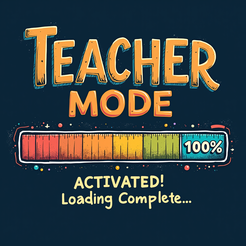A design mimicking a loading bar that is fully charged or at 100%. The text 'Teacher Mode' would be above the bar, and 'ACTIVATED!' or 'Loading Complete...' displayed below or within the bar itself. The loading bar segments could be patterns of pencils or rulers.