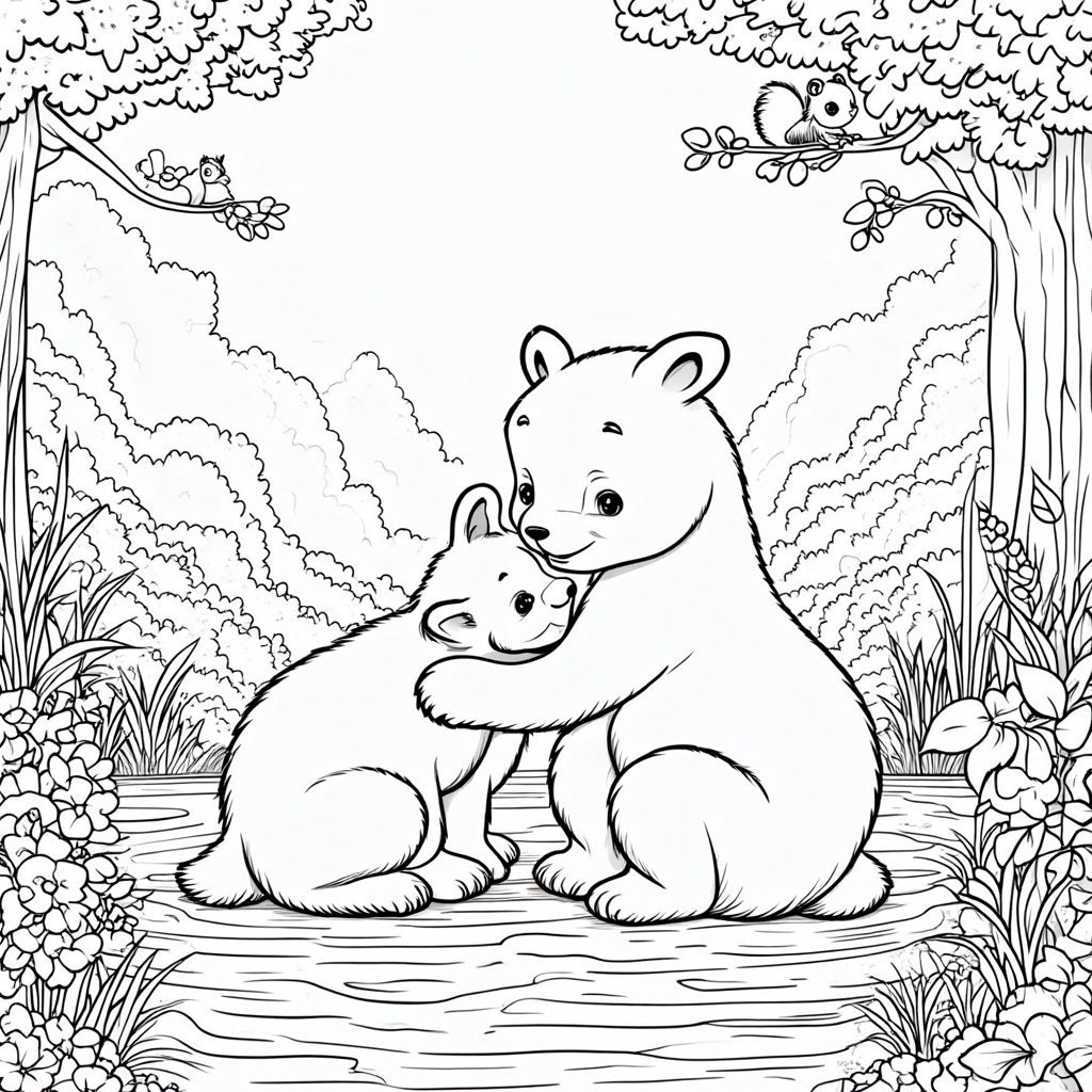 A mother bear gently nuzzling her cub in a forest clearing filled with wildflowers and soft sunlight filtering through the trees. Include details like berries on bushes and perhaps a friendly squirrel watching from a branch.