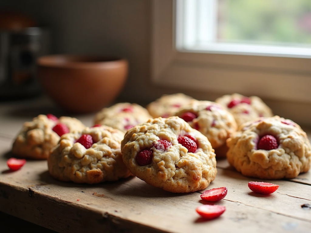 A light and airy oatmeal cookie with freeze-dried strawberry pieces scattered throughout for a tart and crunchy surprise.