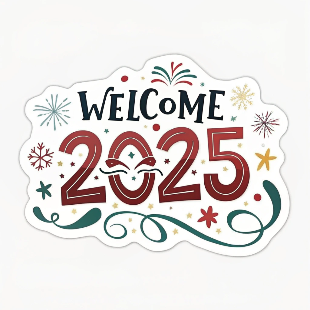 The image shows a white welcome sign with the words Welcome 2025 written in bold black font, surrounded by a festive design of snowflakes and holly leaves. The sign is a perfect way to welcome the new year and celebrate the start of a new year.