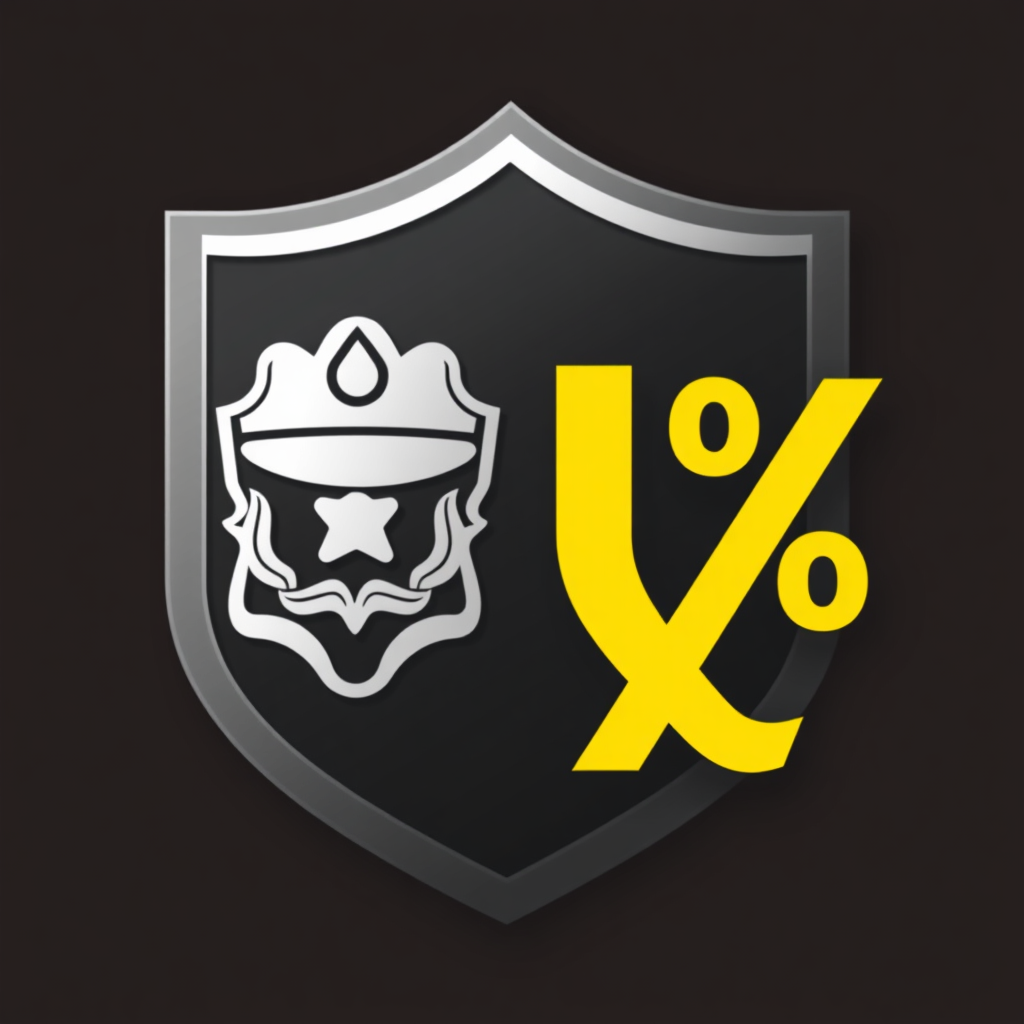 Tariff Enforcement Symbol: A shield icon containing a recognized customs emblem (e.g., officer's cap, badge outline) alongside a bold percentage (%) symbol, signifying the enforcement aspect of tariff policies.