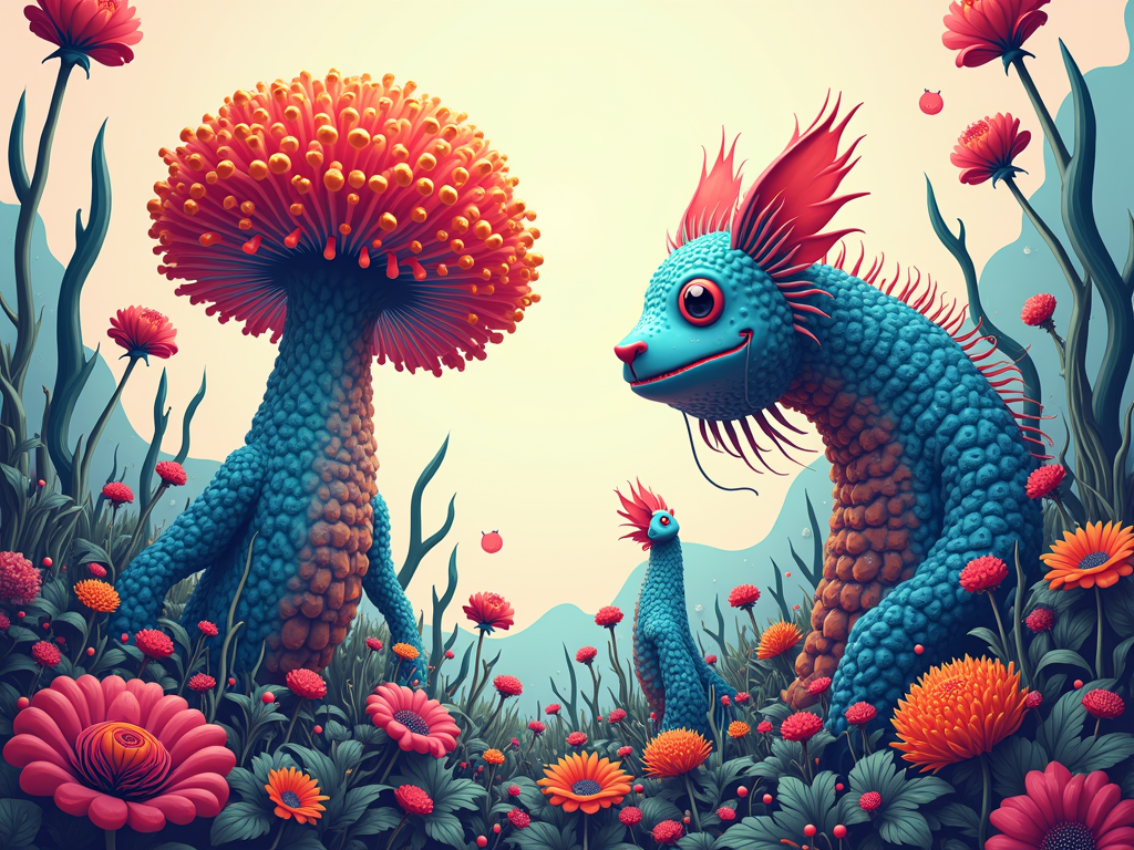 A design titled 'Artificial Flora & Fauna,' showcasing beautifully bizarre imaginary plants and creatures an AI might dream up. Each organism has subtle digital artifacts (e.g., faint pixelation, holographic shimmer) hinting at their artificial origin, with the tagline 'Bred by Algorithm, Worn by You'.